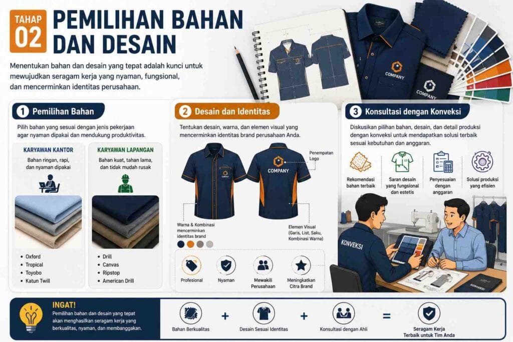 tahap pemilihan bahan dan desain saat membuat seragam kerja dari nol - konveksi Seragam