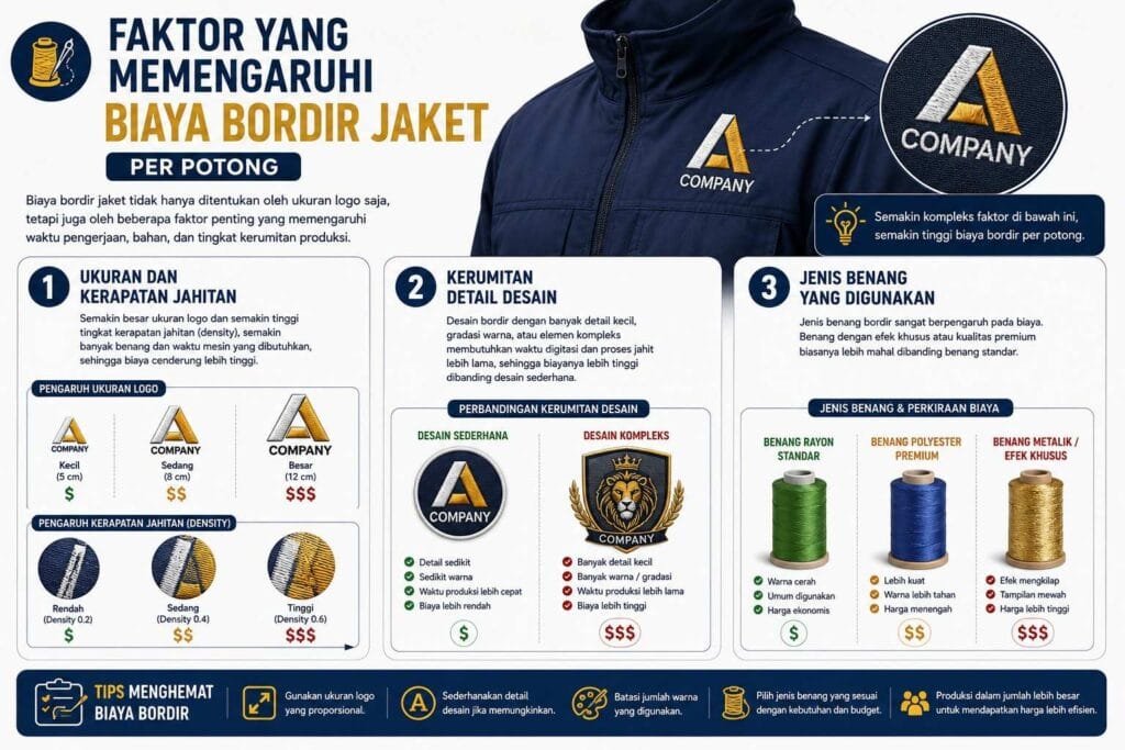 faktor yang memengaruhi biaya bordir jaket per potong - Konveksi Jaket