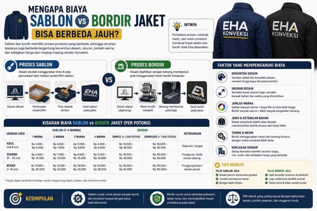 kisaran biaya sablon vs bordir jaket per potong
