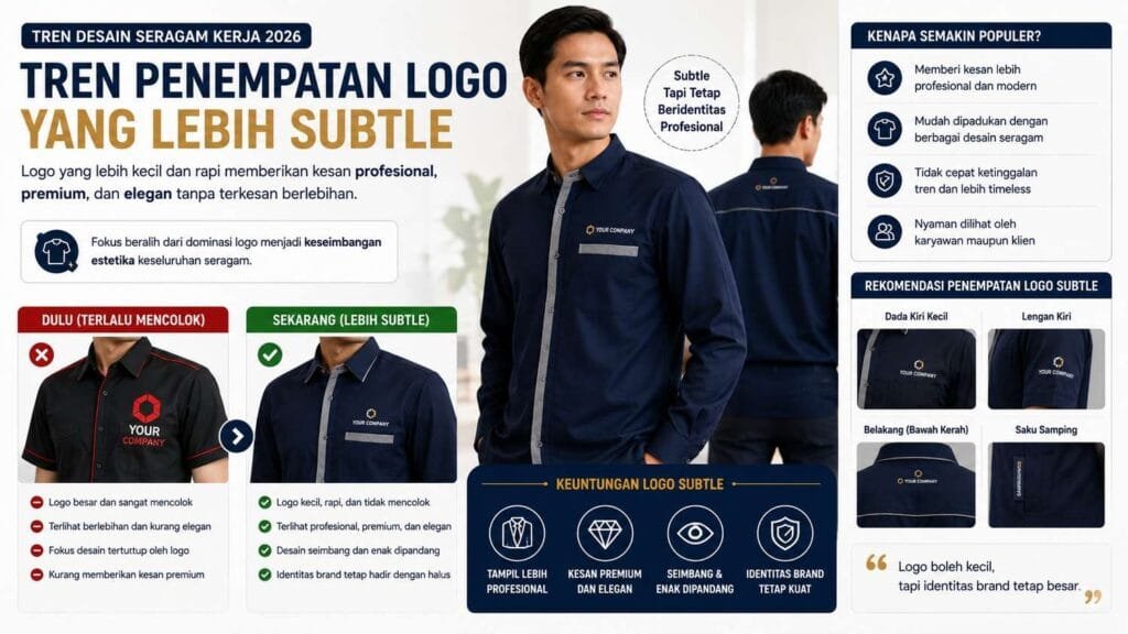 tren penempatan logo subtle pada seragam kerja 2026 - Konveksi Seragam