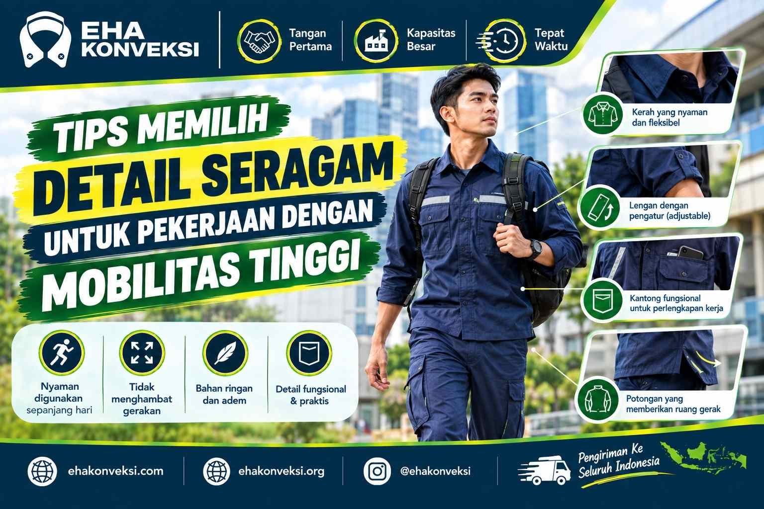 detail seragam untuk pekerjaan dengan mobilitas tinggi - Konveksi Seragam