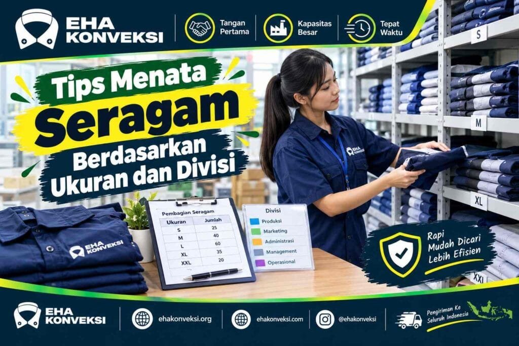 menata seragam berdasarkan ukuran dan divisi - Konveksi Seragam