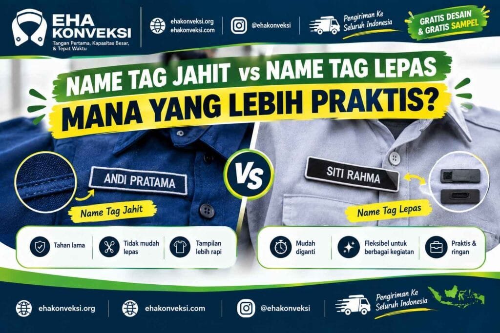 name tag jahit vs name tag lepas - konveksi seragam